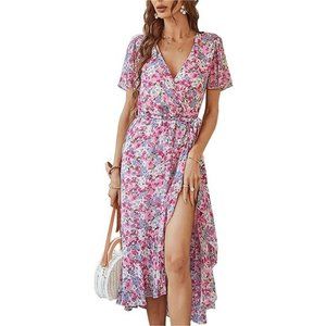 Bohemian Floral V Neck Short Sleeve Split Loose Long Maxi Dress with Slit